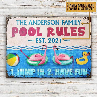 Metal Sign- Cute Flamingo Swimming Pool Jump In Have Fun Rectangle Metal Sign Custom Name Year - Thegiftio UK