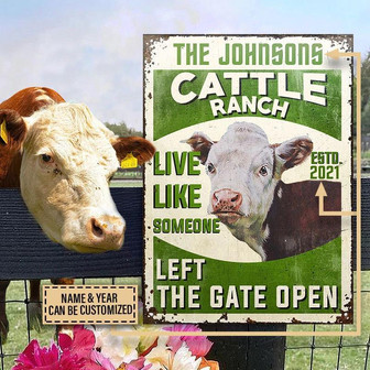 Metal Sign- Cute Hereford Cow Live Like Someone Green Rectangle Metal Sign Custom Name - Thegiftio UK