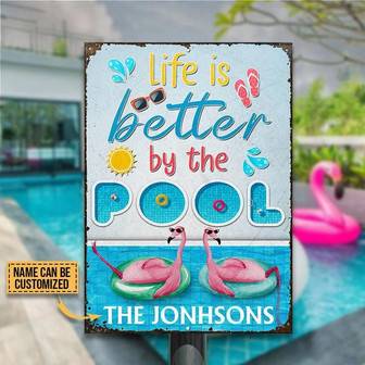 Metal Sign- Cute Pattern Flamingo In Swimming Pool Rectangle Metal Sign Custom Name - Thegiftio UK