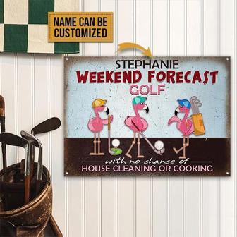 Metal Sign- Cute Pattern Golf Flamingo Weekend Forecast Rectangle Metal Sign Custom Name - Thegiftio UK