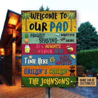 Metal Sign- Cute Style Welcome To Our Pad Rectangle Metal Sign Custom Name - Thegiftio UK