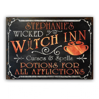 Metal Sign- Dark Theme Witch Inn Curses And Spells Rectangle Metal Sign Custom Name - Thegiftio