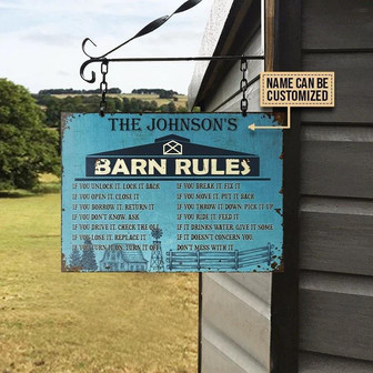 Metal Sign- Farm Barn Rules Blue Rectangle Metal Sign Custom Name - Thegiftio UK