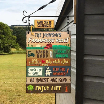 Metal Sign- Farm Farmhouse Rule Work Hard Lovely Rectangle Metal Sign Custom Name - Thegiftio UK