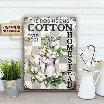 Metal Sign- Farmhouse Cotton Homestead White And Grey Checked Rectangle Metal Sign Custom Name Year - Thegiftio UK