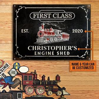 Metal Sign- First Class Train Engine Shed Black Rectangle Metal Sign Custom Name Year - Thegiftio UK