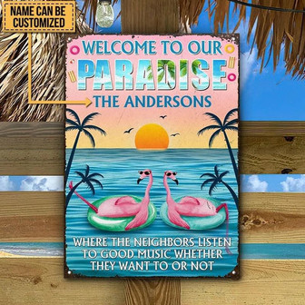 Metal Sign- Flamingo Beach Paradise Sunset Scene Rectangle Metal Sign Custom Name - Thegiftio