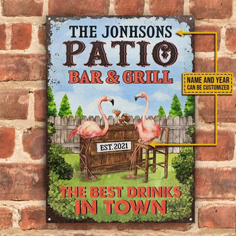 Metal Sign- Flamingo Patio Best Drinks In Town Wood Fence Rectangle Metal Sign Custom Name Year - Thegiftio UK