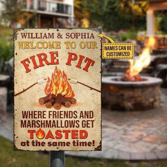 Metal Sign- Where Friends Marshmallows Get Toasted Campfire Pattern Rectangle Metal Sign Custom Name - Thegiftio