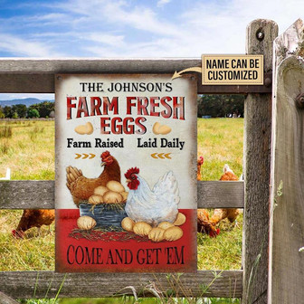 Metal Sign- Funny Chicken Farm Fresh Eggs Vertical Rectangle Metal Sign Custom Name - Thegiftio UK