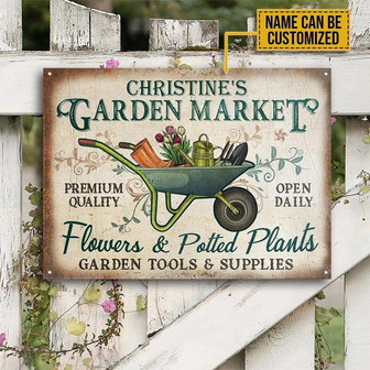 Metal Sign- Garden Market Flower And Potted Plants Rectangle Metal Sign Custom Name - Thegiftio