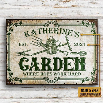 Metal Sign- Gardening Hoes Work Hard Green Pattern Rectangle Metal Sign Custom Name Year - Thegiftio UK