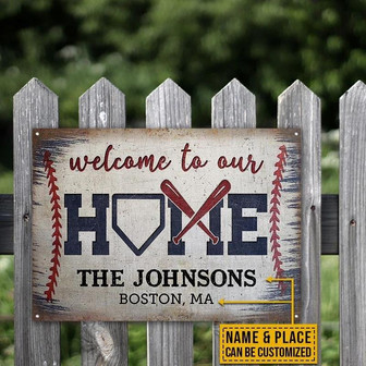 Metal Sign- Gift For Baseball Lovers Welcome To Our Home Custom Name And Place Rectangle Metal Sign - Thegiftio