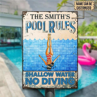 Metal Sign- Girl In Pool Rules Rectangle Metal Sign Custom Name - Thegiftio UK