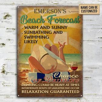 Metal Sign- Girl Sunbathing Beach Forecast A Chance Of Drinking Rectangle Metal Sign Custom Name - Thegiftio UK