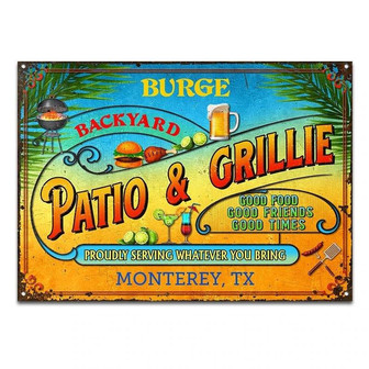 Metal Sign- Good Food Good Friends Rectangle Metal Sign Custom Name Patio And Grille - Thegiftio