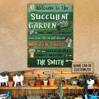 Metal Sign- Green Background Succulent Garden Plant Smiles Rectangle Metal Sign Custom Name - Thegiftio