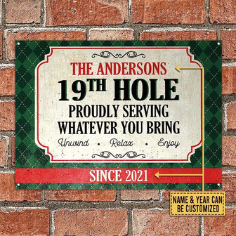 Metal Sign- Green Rhombus Golf 19th Hole Serving Rectangle Metal Sign Custom Name Year - Thegiftio UK
