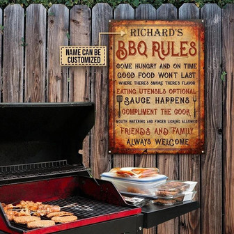 Metal Sign- Grilling BBQ Rules Vintage Rectangle Metal Sign Custom Name - Thegiftio