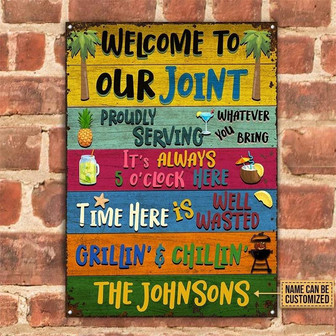 Metal Sign- Grilling Welcome To Our Joint Colorful Rectangle Metal Sign Custom Name - Thegiftio