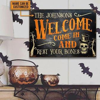 Metal Sign- Halloween Skeleton Welcome Come In Black And Orange Rectangle Metal Sign Custom Name - Thegiftio UK