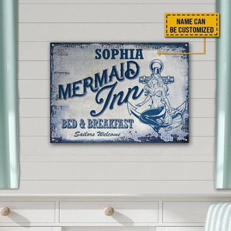 Metal Sign- Hand Drawn Mermaid Welcome Blue Rectangle Metal Sign Custom Name - Thegiftio UK