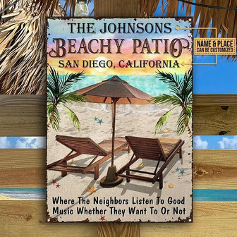 Metal Sign- Happy Beach Beachy Patio Good Times Rectangle Metal Sign Custom Name Place - Thegiftio
