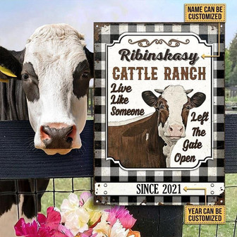 Metal Sign- Highland Cattle Ranch Gate Open Flannel Frame Custom Name Year Rectangle Metal Sign - Thegiftio