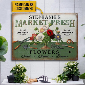 Metal Sign- Home Decor Rectangle Metal Sign Custom Name Floristry Fresh Flower Market Open Daily Tools - Thegiftio