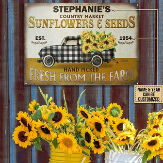 Metal Sign- Home Decor Rectangle Metal Sign Custom Name Year Floristry Vintage Sunflower And Seeds Plaid - Thegiftio UK
