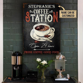 Metal Sign- Hot Coffee Station Fresh Black Rectangle Metal Sign Custom Name - Thegiftio