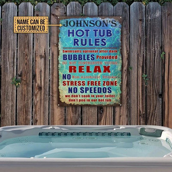 Metal Sign- Hot Tub Rules No Speedos Blue Rectangle Metal Sign Custom Name - Thegiftio UK