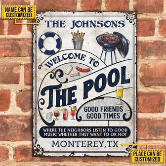 Metal Sign- Impressive Style Pool Grilling Blue Rectangle Metal Sign Custom Name Place - Thegiftio UK