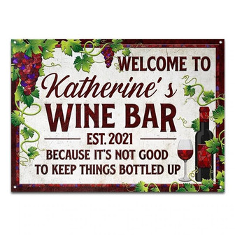 Metal Sign- Keep Things Bottled Up Wine Bar Blue Red Grapes Rectangle Metal Sign Custom Name - Thegiftio