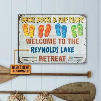 Metal Sign- Lake House Deck Dock And Flip Flop Colorful Pattern Rectangle Metal Sign Custom Name - Thegiftio UK
