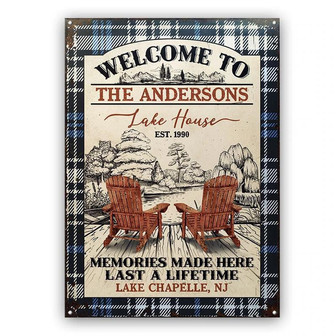 Metal Sign- Lake House Memories At The Lake Plaid Design Rectangle Metal Sign Custom Name - Thegiftio