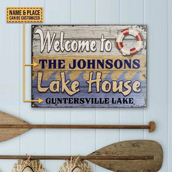 Metal Sign- Lake House Wood Background Rectangle Metal Sign Custom Name Place - Thegiftio UK