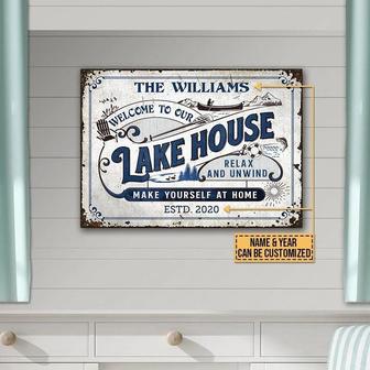 Metal Sign- Lake House Make Yourself At Home Relax Blue Rectangle Metal Sign Custom Name Year - Thegiftio UK