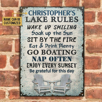 Metal Sign- Lake Rules Wake Up Smiling Rectangle Metal Sign Custom Name - Thegiftio