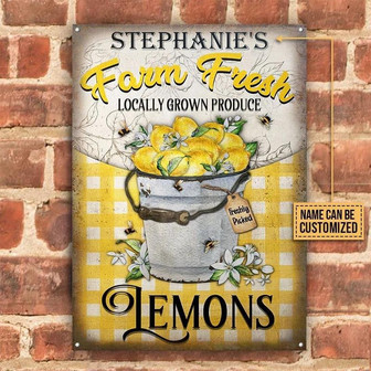 Metal Sign- Lemon Farm Fresh Yellow And White Checked Rectangle Metal Sign Custom Name - Thegiftio UK