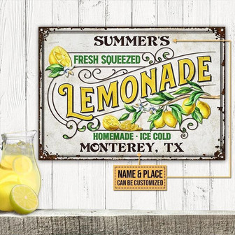Metal Sign- Lemonade Fresh Squeezed Yellow Pattern Rectangle Metal Sign Custom Name Place - Thegiftio UK