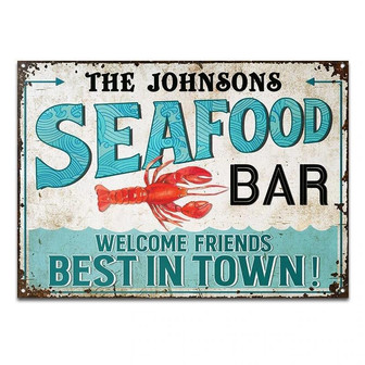 Metal Sign- Lobster Seafood Bar Best In Town Rectangle Metal Sign Custom Name Blue Theme - Thegiftio UK