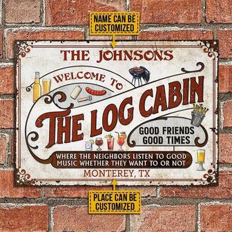 Metal Sign- Log Cabin Grilling Red Text White Rectangle Metal Sign Custom Name Place - Thegiftio UK