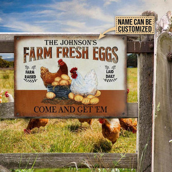 Metal Sign- Lovely Chicken Farm Fresh Eggs Brown Rectangle Metal Sign Custom Name - Thegiftio UK