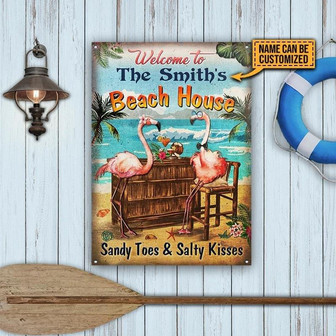 Metal Sign- Lovely Flamingo Beach House Salty Kisses Rectangle Metal Sign Custom Name - Thegiftio UK