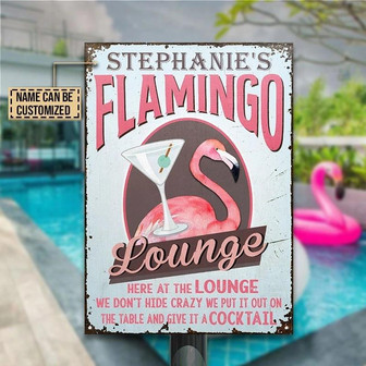 Metal Sign- Lovely Flamingo Lounge Cocktail Rectangle Metal Sign Custom Name - Thegiftio UK
