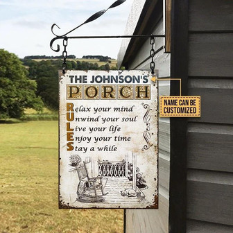 Metal Sign- Lovely Style Hand Drawn Porch Rules Relax Unwind Rectangle Metal Sign Custom Name - Thegiftio