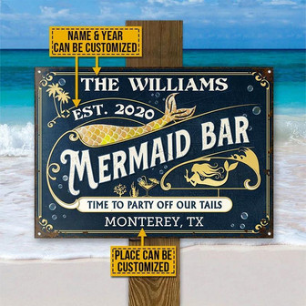 Metal Sign- Mermaid Bar Party Off Blue Rectangle Metal Sign Custom Name Year Place - Thegiftio UK