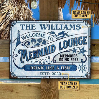 Metal Sign- Mermaid Lounge Mermaids Drink Free Blue Rectangle Metal Sign Custom Name Year - Thegiftio