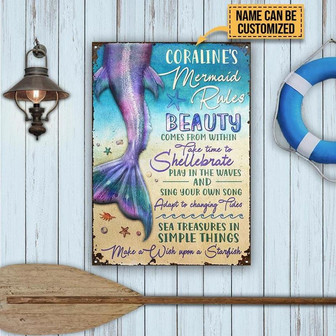 Metal Sign- Mermaid Rules Beauty Purple Rectangle Metal Sign Custom Name - Thegiftio UK